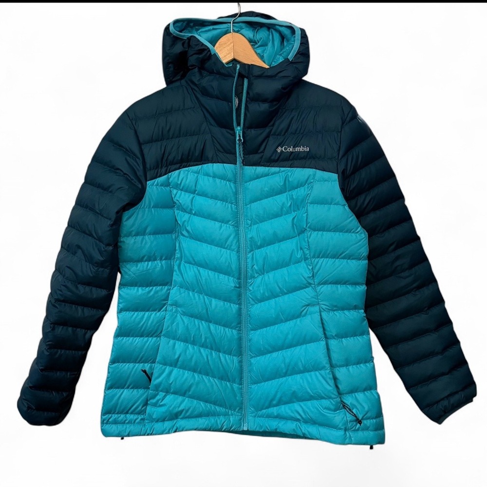 Wmns Columbia 650 Two-Tone Teal/Green Hooded Down Puffer Jacket Winter Snow Warm